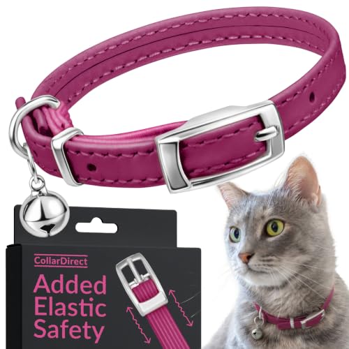Image of CollarDirect Leather Cat Collar With Elastic Safety Strap And Bell For Boy, Girl, Kitten (Neck Fit 6 inch-7 inch, Pink),?17.78 cm,W 15.24 cm
