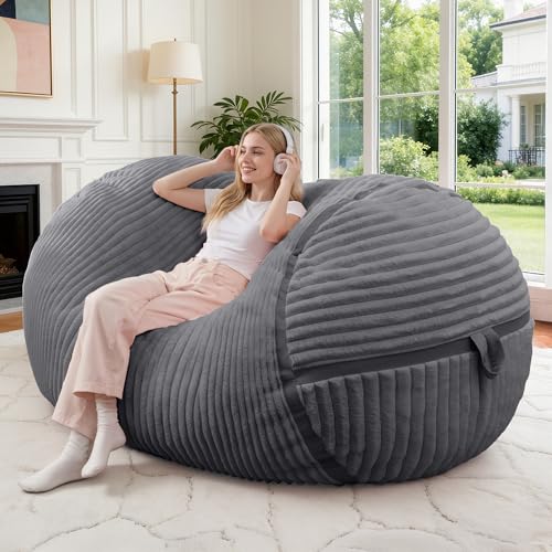 Image of 4FT Bean Bag Chair 4'Big Bean Bag Chairs with Adults, Large Beanbag Chair | Bean bag Lounger with Machine Washable Cover Corded Plush Fabric, Comfy Chairs for Living Room Bedroom Dorm, Darkgrey