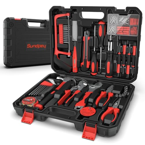 Sundpey Mala de ferramentas de 148 peças, caixa de ferramentas doméstica com chave de fenda de catraca, chave hexagonal, alicates e verificador de tensão para homens e mulheres, vermelho