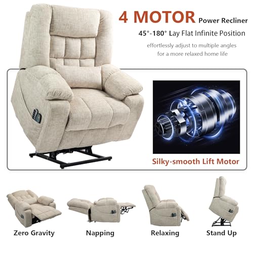Image of 4 Motor Power Lift Recliner Chair for Elderly, Oversized Lay Flat Recliner with Massage Heat, Adjustable Headrest, Hidden Cup Holders, Zero Gravity Big and Tall Recliners, Cream