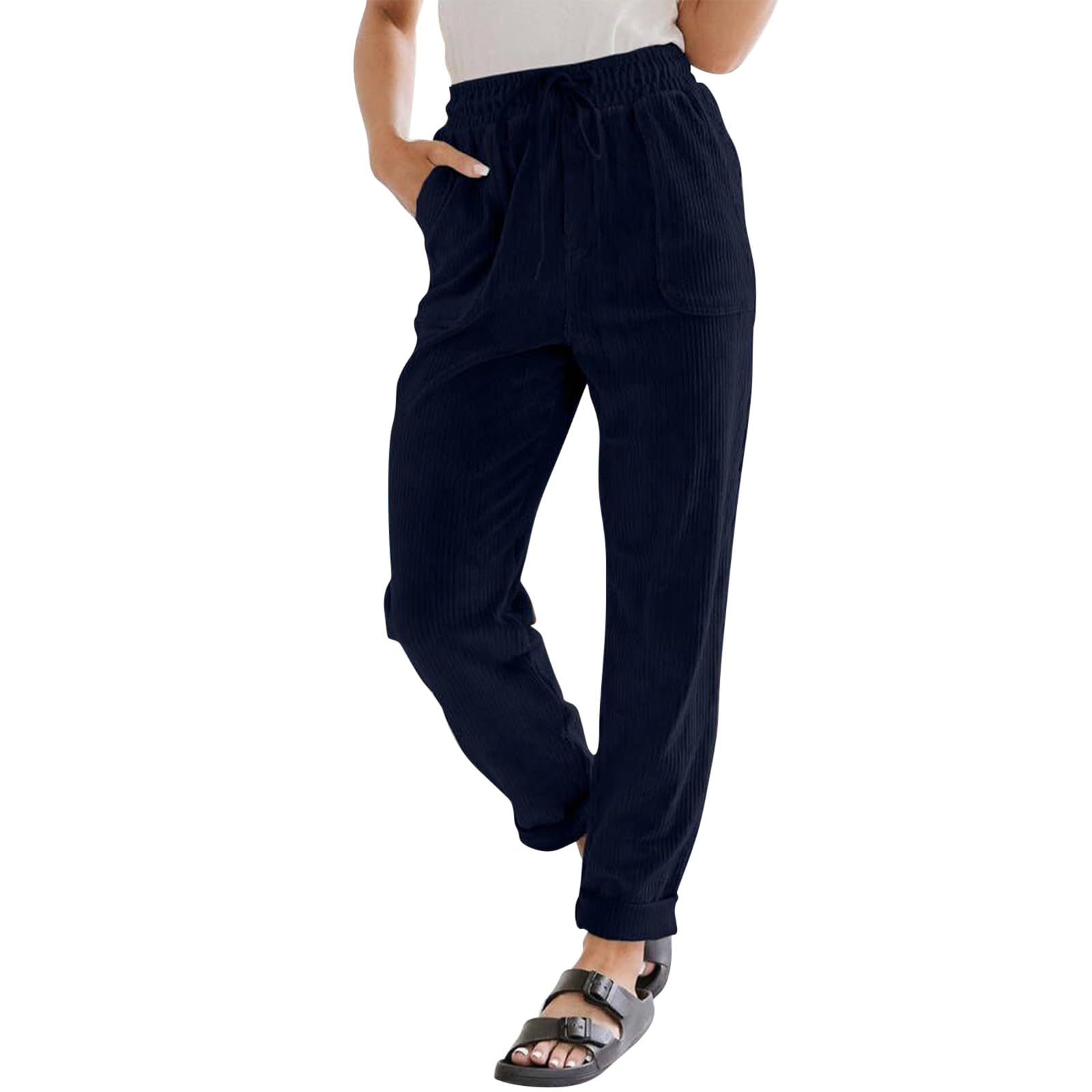 Straight Leg Corduroy Pants Women Casual Baggy Lounge Pants Elastic High Waisted Comfy Cord Work Pants Fall Trousers