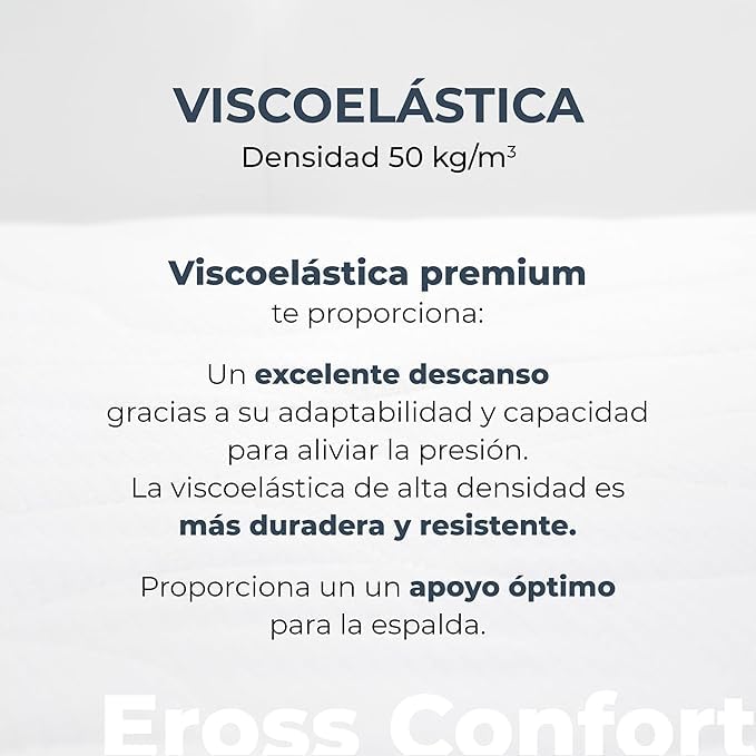 Topper 180x190 Viscoelástico. Cubre Colchón de Espuma con Memoria Adaptable a Todos los Colchones. Hipoalergénico y Transpirable. Desenfundable, Cremallera y Lavable. Moncel ErossConfort