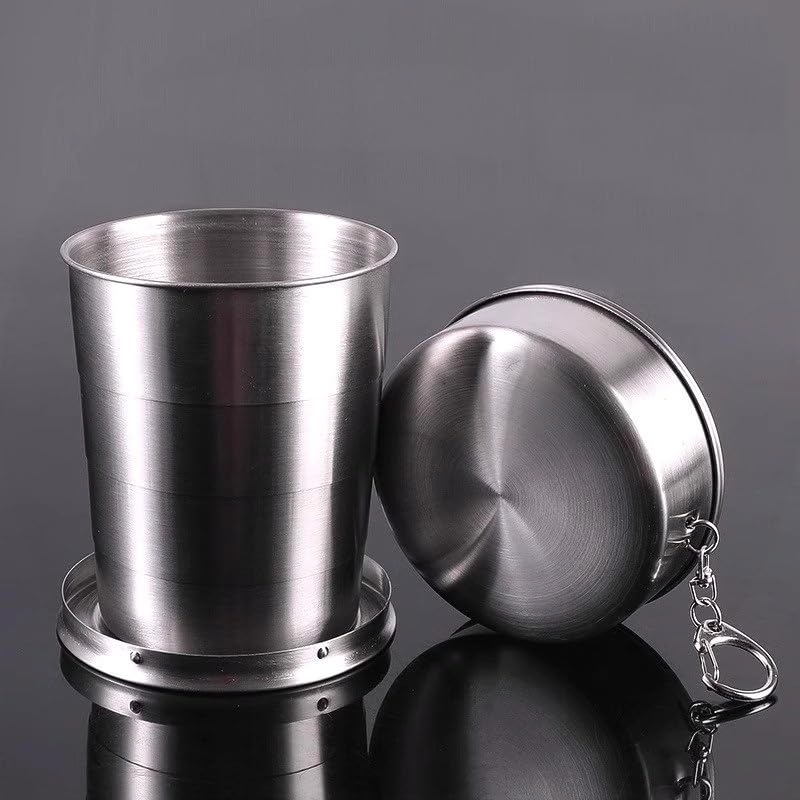 250ml Stainless Steel Collapsible Cups Reusable Portable Travel Folding Water Cup Mug with Lid and Keychain for Camping,Picnic, Hiking and other Outdoor Activities Drinking Cup (Large, 5.3x2.4cm)
