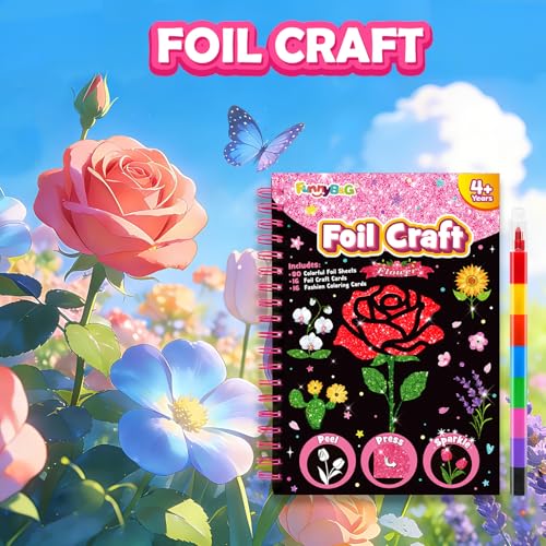 Image of FUNNYB&G Foil Art Craft Kit for Girls 4-10 Years Old: Mess-Free & No-Glue, Create 16 Sparkly Flower Pictures - Perfect Travel Toy & Birthday Gift for Kids(Flower)