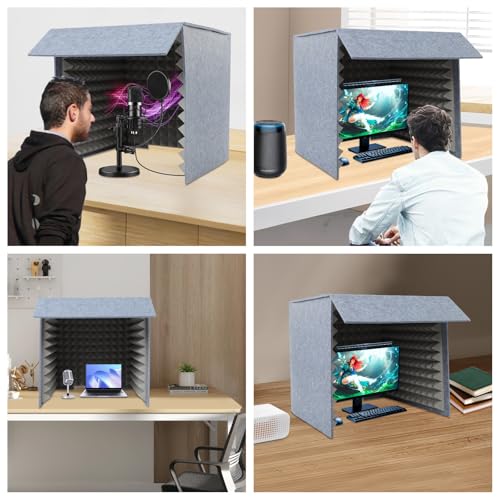 Cubierta de Escritorio a Prueba de Sonido, Cabina Plegable, Estudio Portátil para Grabación Vocal, Escudo Absorbente de Ruido de Espuma y Poliéster para Podcasting y Streaming, Gris 23.62 x 23.62 x 23.62 pulgadas miniatura 7