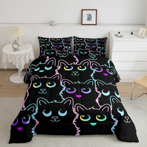 Image of Feelyou Kids Cat Bedding Sets King Size,Gradient Line Cute Cat Comforter Set for Teens Boys Girls Adults Kawaii Animal Home Decor, All Season,2 Pillow Cases,Black