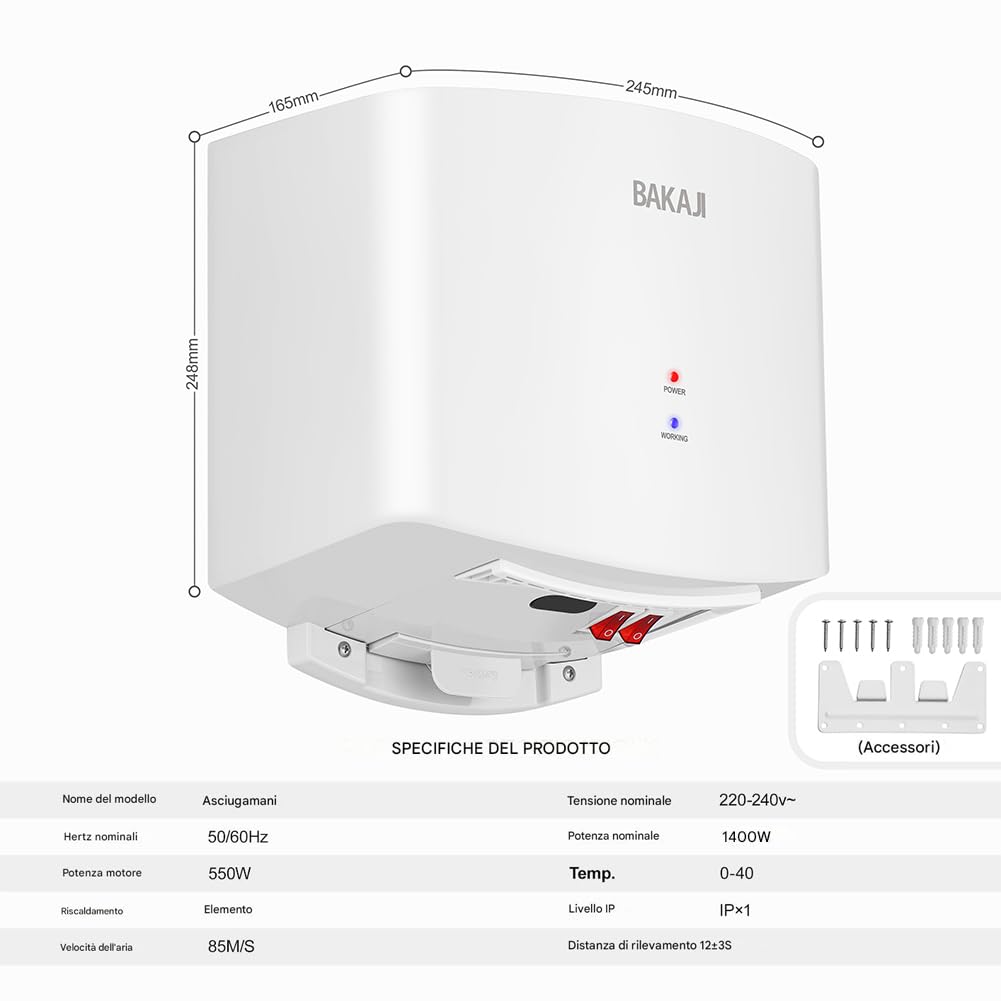 BAKAJI Asciugamani Elettrico a Parete Automatico per Bagno, Hotel, Ristorante, Bar, Asciuga Mani a Muro 1400W Compatto, Asciugatura Alta velocità Fredda e Calda, Senza Contatto per Bagni Pubblici