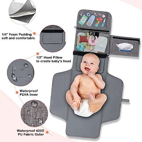 Portable Diaper Changing Pad, Newborn Diaper Changing Pad Baby Changing Pad with Smart Wipes Pocket Waterproof Travel Changing Kit for Girl Boy Baby Shower Gifts (Grey) - Image 4