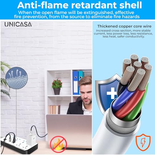 يونيكاسا™ شريط طاقة عالمي مع 6 منافذ، 3 منافذ USB، 1 منفذ نوع C، حماية من اندفاع التيار الكهربائي، سلك تمديد 3 متر، سلك تمديد شحن سريع للمنزل والمطبخ والمكتب (قابس بريطاني ثلاثي الدبابيس) (ابيض)