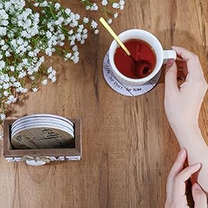 Queekay Housewarming Gifts for Home Decoration Wooden Heart Coasters for Drinks 6 Set Farmhouse Coasters with Holder Funny for Family Coffee Table Protection, 4''(Classic Farmhouse) Queekay Housewarming Gifts for Home Decoration Wooden Heart Coasters for Drinks 6 Set Farmhouse Coasters with Holder Funny for Family Coffee Table Protection 4Classic Farmhouse