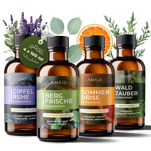 Amari ® Saunaaufguss Set Alpenglück – natürliche Saunadüfte mit Bio-Ethanol – Naturreine Ätherische Öle – Aufgussmittel, Sauna, Saunaöl, Duftöl