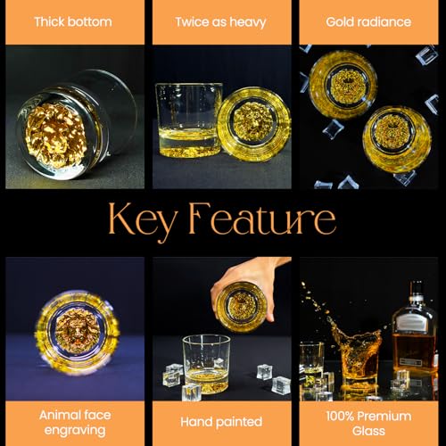 Image of Melbify Gold Lion Whiskey Glass Gift Set | 4 Pc Set | 300 ML| Ultra Premium | Gold-Bottomed | Imported | Luxurious | Ideal for Wedding Gifts, Anniversary, VIP and Corporate Gifts