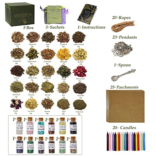 Wiccan Gifts Set For Beginners Women Witchy Valentines Gift Crystals For Witchcraft Supplies Box For Spells Candle For Witches Supplies And Tools Kit With 25 Packs Of Herbs And 12 Bottles Crystal Set #TOP1