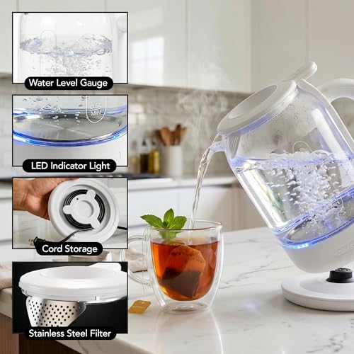 Image of OVENTE 1.5L Glass Electric Kettle Water Boiler, White KG516W