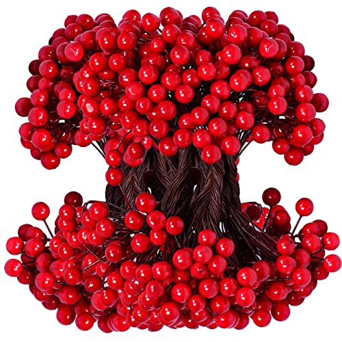 cnomg Künstliche Stechpalmenbeeren auf Drahtstielen, 500 Stiele mit 1000 Stück, 8 mm, künstliche Beeren für Baumschmuck, Kranz, Basteln, Hochzeit, Party, Gastgeschenk (rot, 500) Cover