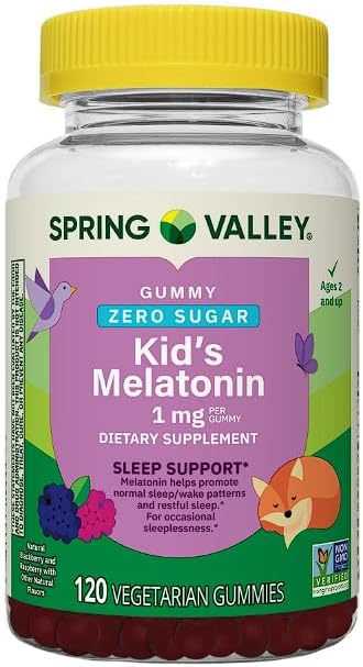 Melatonina para niños, apoyo para el sueño, suplemento dietético Zero Sugar Spring Valley, gomitas de frambuesa y mora, 1 mg, 120 unidades +