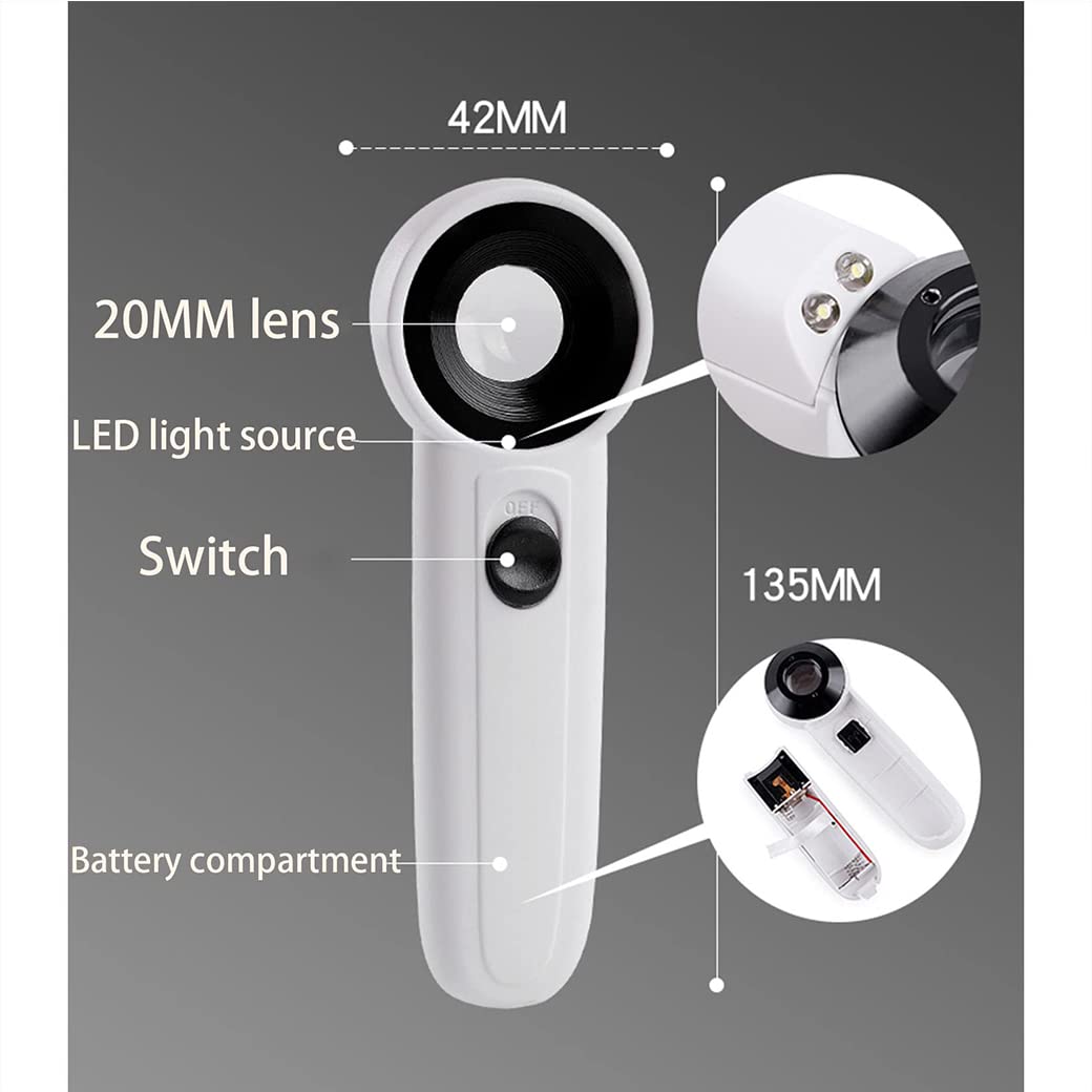 Ręczna lupa 40X z 2 diodami LED, podświetlana lupa z podświetleniem, lupa do czytania dla seniorów Czytaj, monety, znaczki, mapę, białe szkło powiększające inspekcyjne (białe)