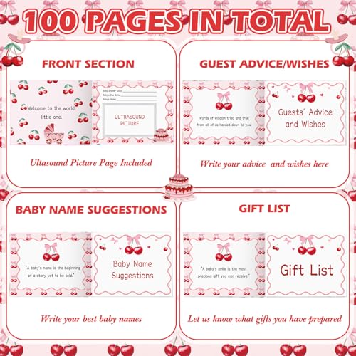 Image of Fuyoooo 27 Pcs Cherry Baby Shower Guest Book Set Baby Shower Sign in Guest Book Place Table Cards with Gold Pen Adhesive Photo Corner for Birthday Party