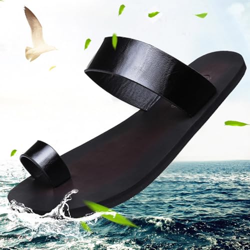 Lossarye Men's Black PU Leather Flat Flip Flops Slide Sandals Comfortable Toe Ring Slip On Casual Thong Sandals Summer Non-Slip Beach Slippers for Indoor Outdoor4