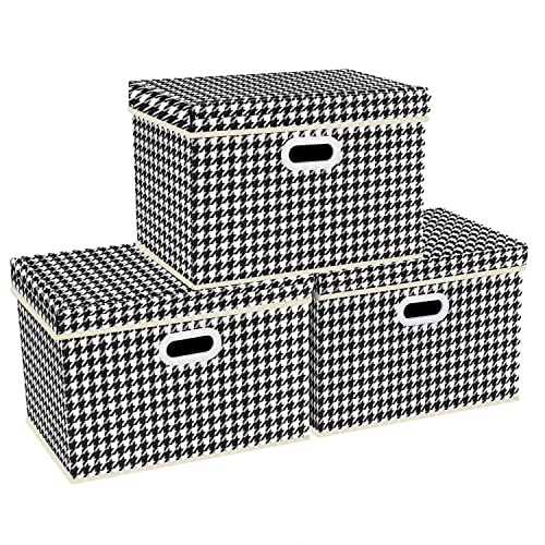 TYEERS Aufbewahrungsbox mit Deckel Groß, Muster, Stoff, Faltbare, Kisten Aufbewahrung mit Deckel, 44x30x29 cm, 3-Stück, Schwarz