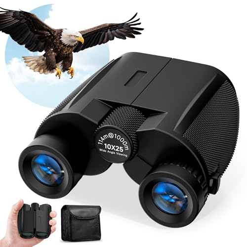 Leacco 10x25 Compact Binoculars for Adults and Kids, Large View Waterproof Small Binoculars with Low Light Vision BAK4 Prism FMC Lens for Cruise Ship Bird Watching Travel Hunting, Black