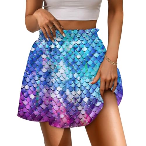 Women's Pleated Skirt Skater High Waist Ruffle Flowy A-Line Short Skirts Mini Beach Dress for Prom Nightclub