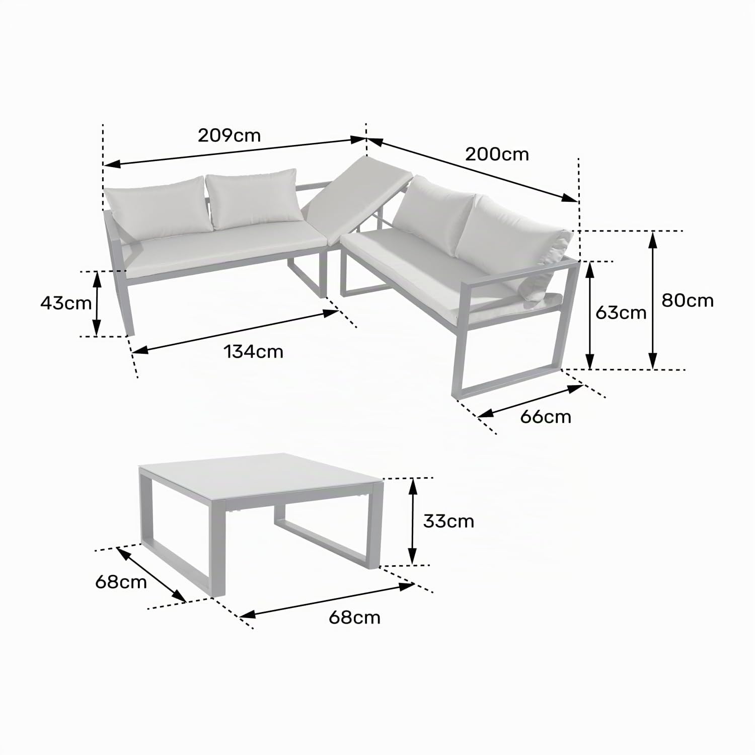 Happy Garden Salon de Jardin modulable Ibiza en Tissu Gris 4 Places - Aluminium Blanc