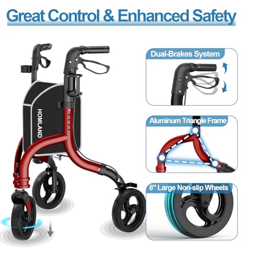 Image of 3 Wheel Walkers for Seniors, Foldable Wheeled Rollator with Cane Hold and Cup Hold, Lightweight Three Wheel Rolling Walker Height Adjustable for Seniors,Burgundy
