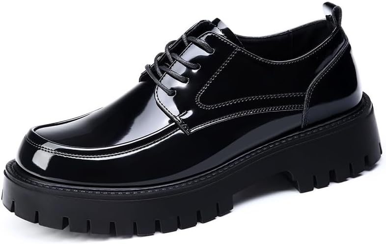 Men&#39;s Chunky Sole Glossy Patent Leather Lace Up Dress Shoes Fashionable Comfortable Wide Fit Business Casual Oxford Style Footwear
