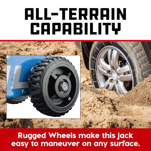 Image of Powerbuilt 1.5 Ton Big Wheel Off Road Jack, Vehicle Lift for Trucks, SUVs, ATVs Offroad Vehicles, Oversized Wheels for Rugged Terrain, 3000 LB Capacity, Blue 620625ECE