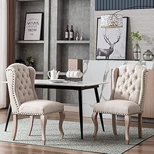 Parsons dining chairs farmhouse solid wood accent chairs linen fabric host side kitchen chair with tufted wingback for dining room living room bedroom set of 2 cream  urban country home decor