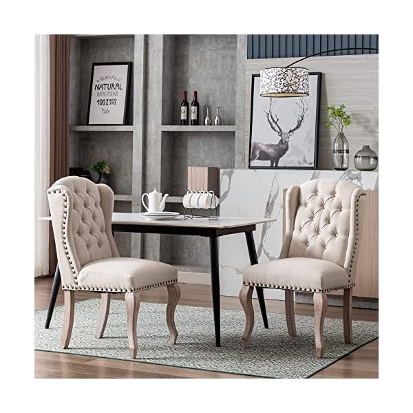 Parsons dining chairs farmhouse solid wood accent chairs linen fabric host side kitchen chair with tufted wingback for dining room living room bedroom set of 2 cream  urban country home decor