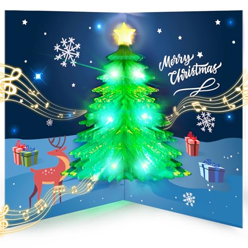 Carte de Noël musicale 3D avec lumières led sapin illuminé pop-up