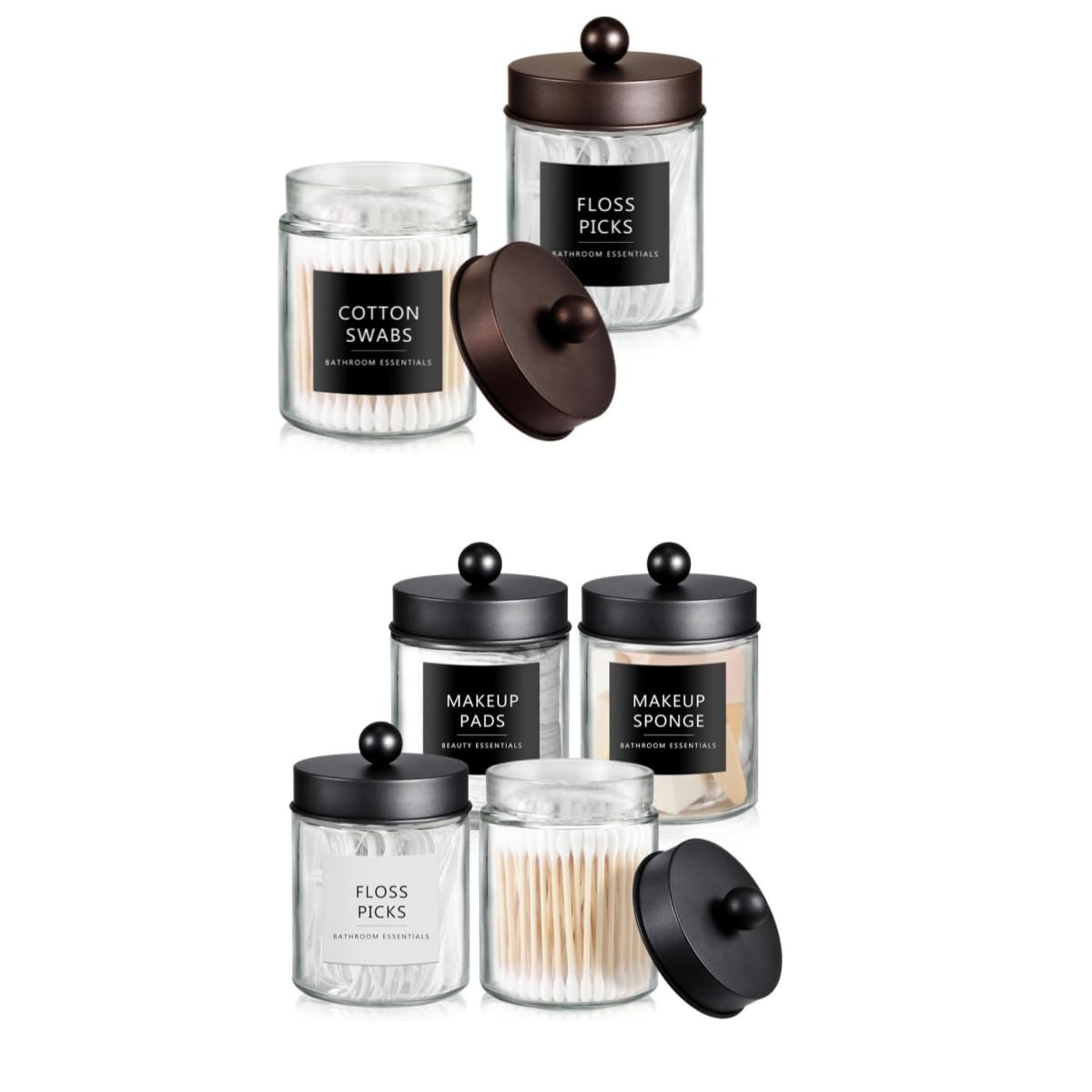 SheeChung Qtip Dispenser Holder Glass apothecary jars with Stainless Steel Lids Stickers Black Bronze