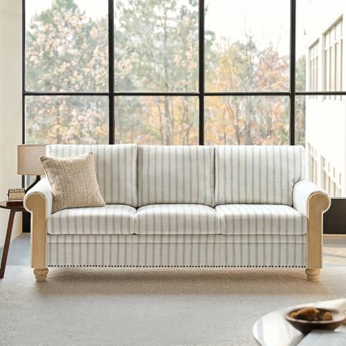 HULALA HOME 81" Farmhouse Couch with Stripe Pattern, 3 Seater Sofa with Solid Wood Legs and Rolled Wide Armrests, Comfy Upholstered Sofa with Nailhead Trims, FSC Certified, Blue
