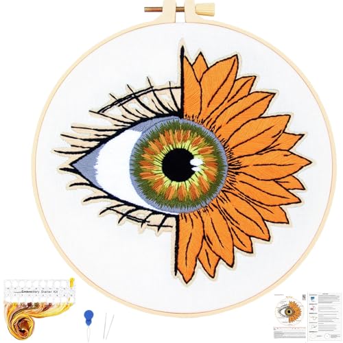 Image of Crafmanoe Sunflower Eyes Embroidery Kits for Beginners Adults, Hand Embroidery Starters Kits, Stamped Cross Stitch Kits Needlepoint Kits for Beginners Adult, Embroidery Hoop, Thread and Video Tutorial