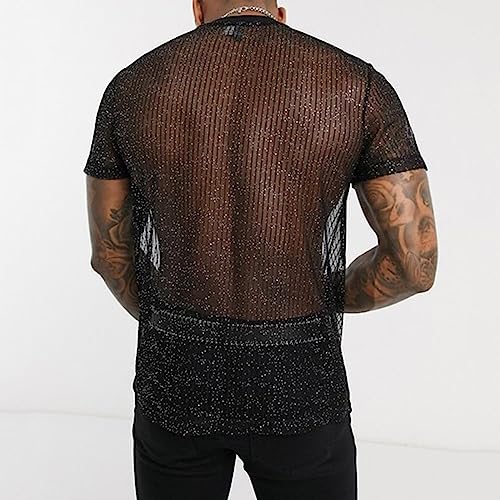 Mens Glitter See Through Shirt Top Sexy Lace Short Sleeve T-Shirt Sheer Mesh Undershirts to Show Muscle4