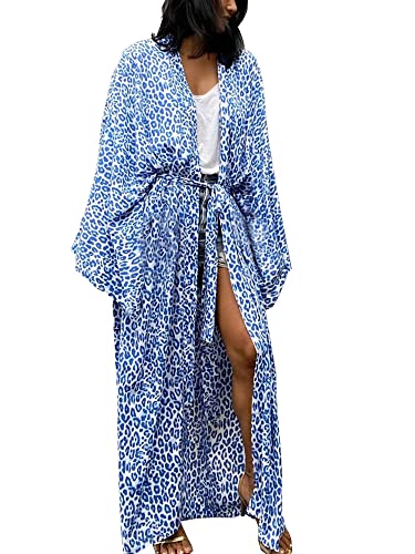 Chunoy Kurzärmliges Kleid mit Stickerei für Damen, Blauer Leopard, onesize