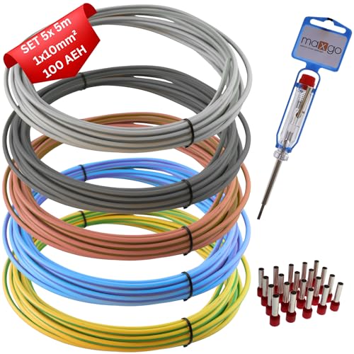Verdrahtungssatz 10mm H07V-K Aderleitung flexibel Set 5x5m inkl. 100x Aderendhülsen Verdrahtungsleitung ideal für Zählerplatz Erdungskabel & Verdrahtungsbrücken