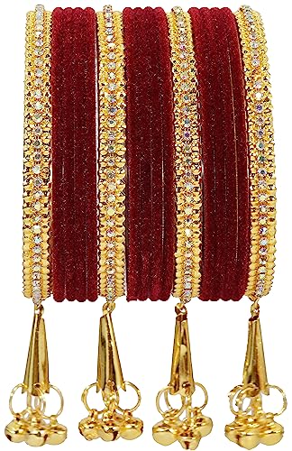 Image of NMII Metal with Zircon Gemstone and Velvet Studded Bells Latkan Bangles Set For Girls and Women I Latkan Bangles, Premium Bangle Bracelet Set I Pack of 16 Bangles