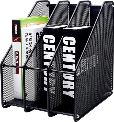 ZOKIXTO Magazine Holder Triple Rack, Mesh Metal - 3 Compartments Documents/Notebooks/Folder/Organiser (Black)