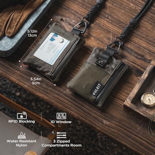 Image of VULKIT Small Minimalist Wallet for Women and Men RFID Blocking, Zipper Coin Pouch with ID Window and Keychain, Water Resistant Travel Lanyard Wallet Camouflage