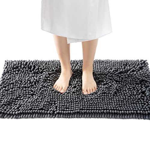 Freshmint Chenille Bathroom Rugs Non-Slip Bath Mat 24”X16.5“, Washable Soft Shower Mat, For Bathroom Floor & Tub Fluffy Shag Bath Rugs, Durable Thick Water Absorbent Microfiber Shower Rugs, Gray #TOP7