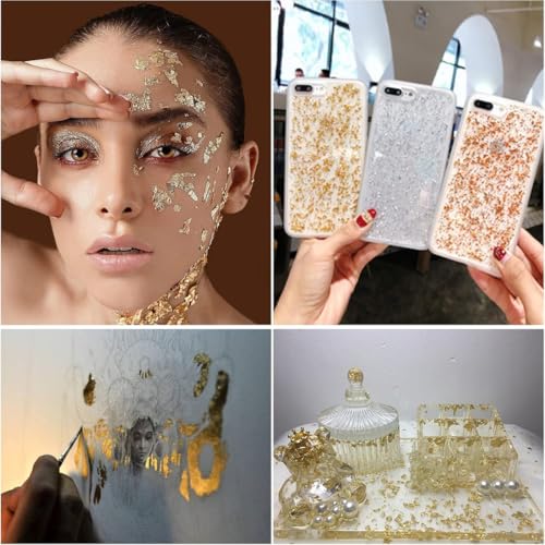 Image of Oytra Gilding Flakes Silver and Gold Metallic Foil Leaf Paper Flakes Set of 3 Color Packets DIY Art Craft Materials for Resin Nail Art Cake Decoration Painting Soap Making Supplies for Beginners Artists