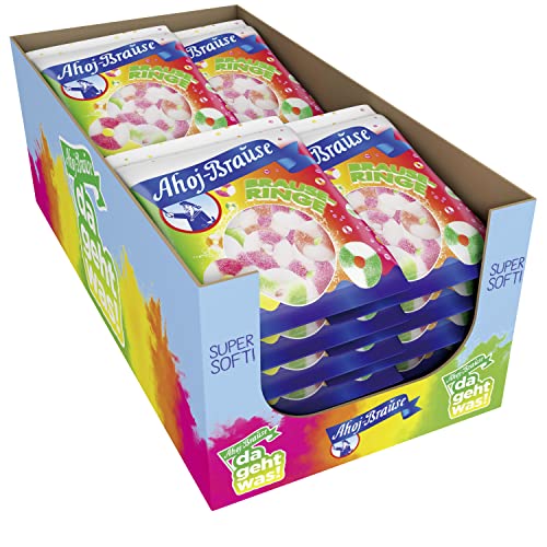 Frigeo Ahoj-Brause Ringe prickelndes softes Gummibonbon in drei süß-sauren Geschmacksrichtungen Gummi-Bonbons für das perfekte Naschvergnügen vegan im Vorrats-Pack 16 x 150 g