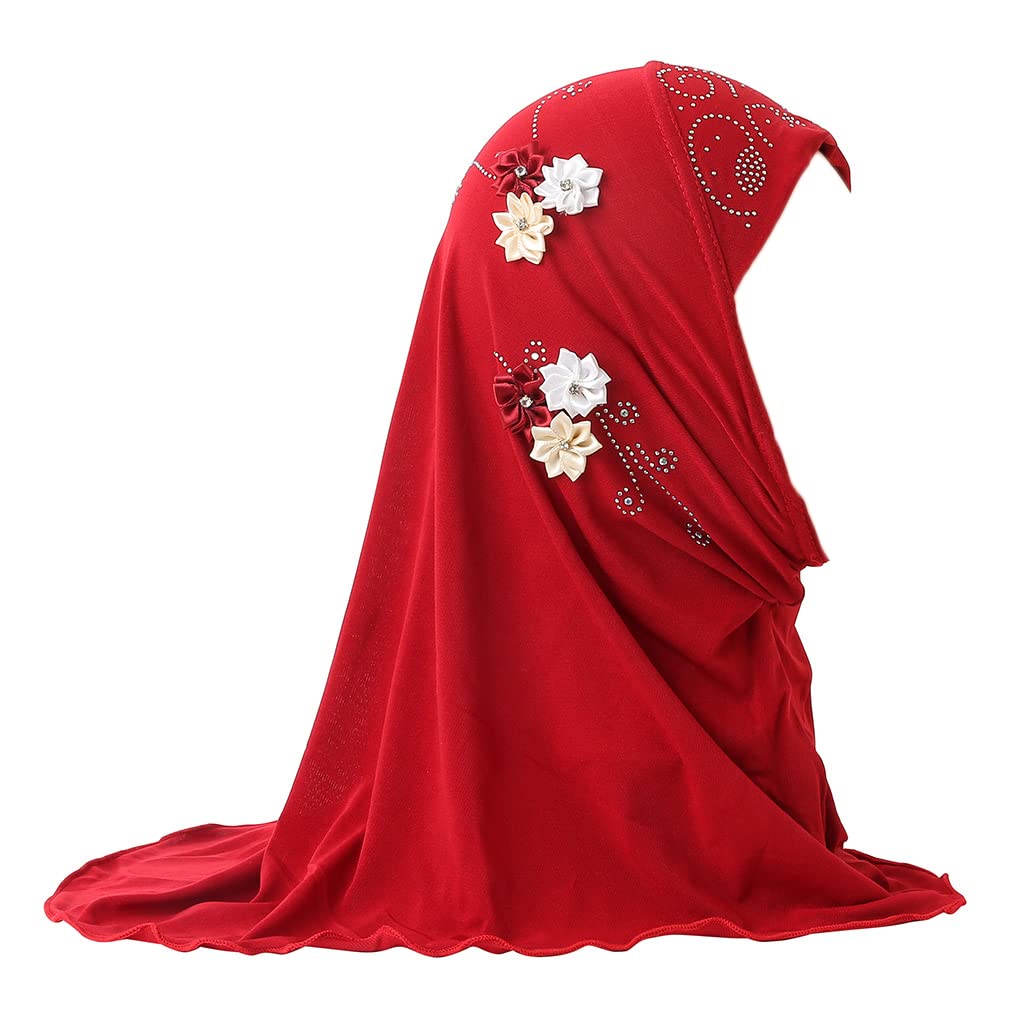 Girls Muslim Hijab Scarf Islamic Scarf Shawls Head Wrap Head Scarf One Piece Muslim Amira Hijab with Flowers for Age 2-7 (01, Red)