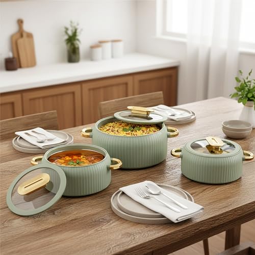 Image of CELLO Castella Deluxe Insulated Steel Casserole Case Set of 3 Pcs, Green (1000ml, 1500ml, 2500ml) | Airtight See Through Lid, Hot Pot Box Keeps Food Hot & Warm, Casserole Set for Roti Chapati Rice