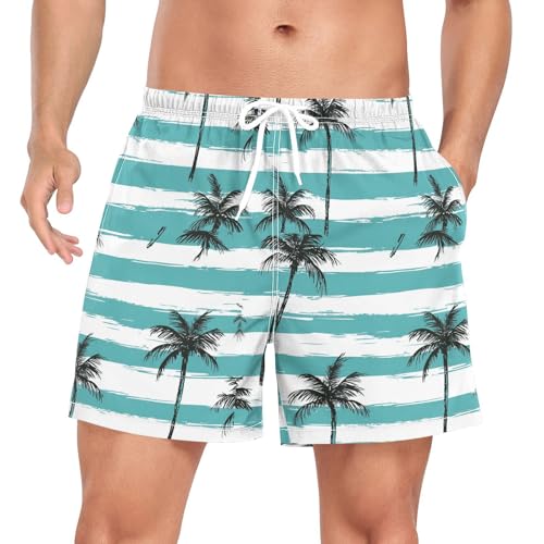 Palm Tree Summer Beach Blue Mens Swimming Shorts Mens Lined Board Swimming Shorts with Liner Quick Dry Elastic S