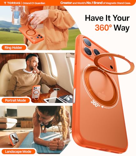 Image of TORRAS Upgrade 360 Magnetic Stand for iPhone 17 PRO Case, Fit for MagSafe | Mil-Grade Protection, Camera Control Button, Slim Soft Edge Translucent Back for iPhone 17Pro 6.3 inch, Orange