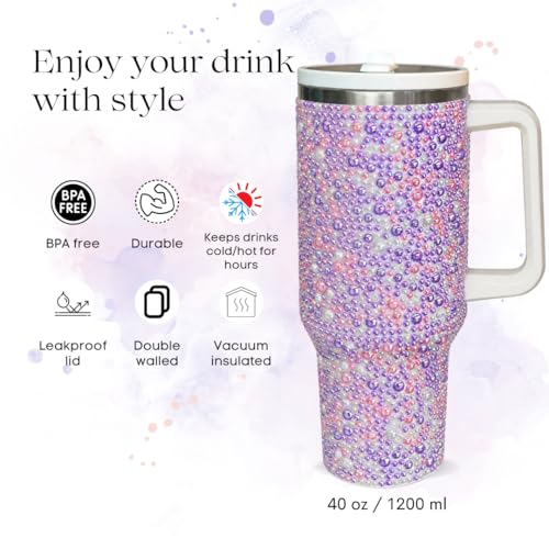 Image of 40 Oz Rhinestone Studded Tumbler with Handle Straw and Lid, Insulated Stainless Steel Double Layer Water Bottle for Women, Reusable Travel Coffee Mug (1200ml) Pearl lilac /pink